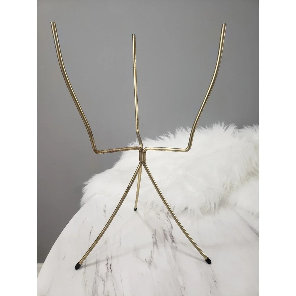 MCM Vintage Tripod Flower Plant Pot Stand Holder Metal Folding Minimalist Gold
